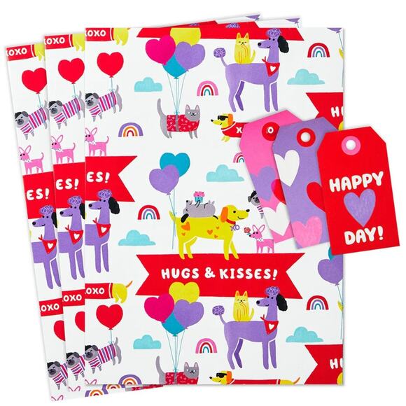 Hallmark Valentine Hugs Kisses XOXO Cute Pets 20"x30" Gift Wrap Set NEW NIP - Picture 3 of 8